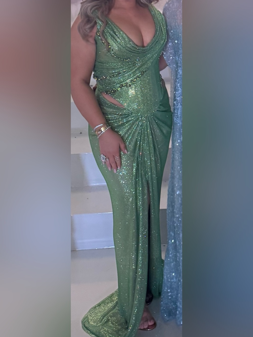 Green Sparkle Draped Evening Dress